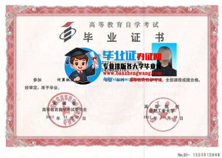合肥工业大学自考毕业证样本,排版制作合肥工业大学自考毕业证