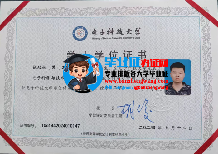 办电子科技大学专版学士学位证,电子科技大学学士学位证样本